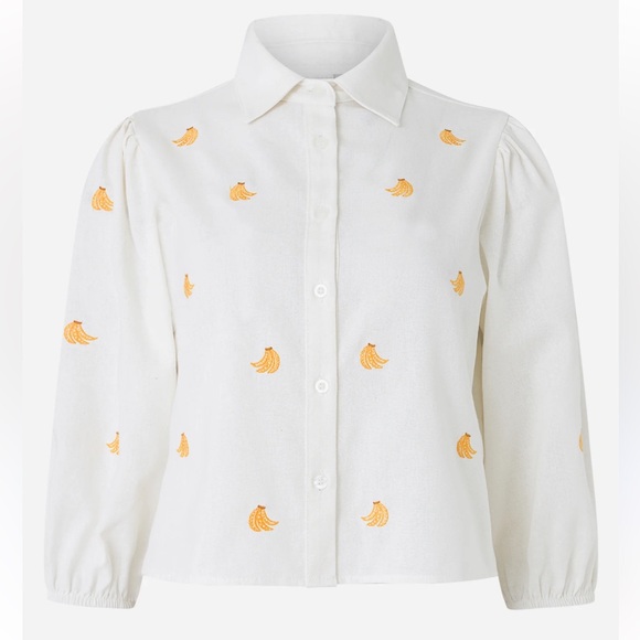 BlueSteel Tops - BlueSteel womens novelty embroidered banana collared button down linen cotton XL